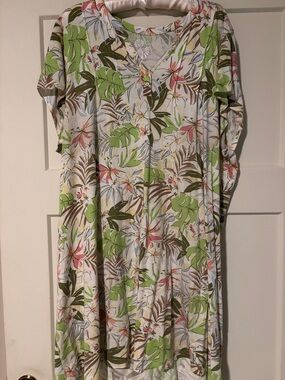 Coral Bay - Tropical Floral Button-Front Maxi Dress - White with Green & Pink